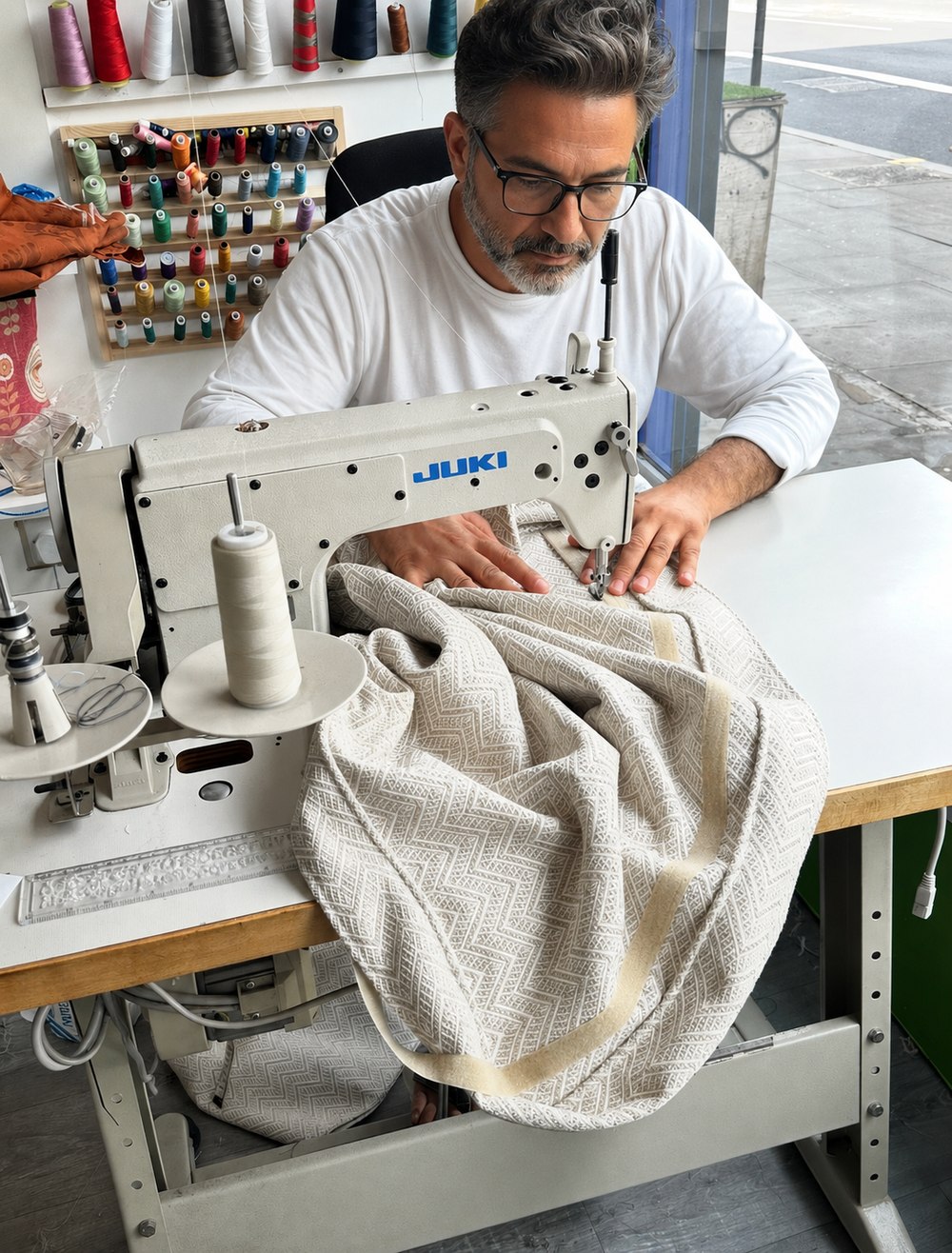 Hand-finishing upholstery fabric on a workshop sewing machine